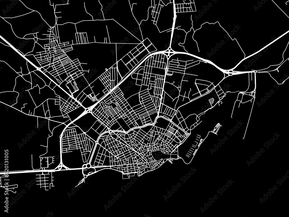 Vector road map of the city of  Arrecife in Spain on a black background.