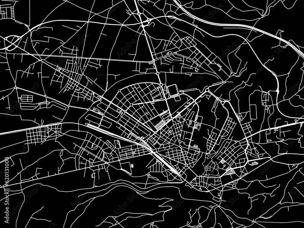 Vector road map of the city of  Ponferrada in Spain on a black background.