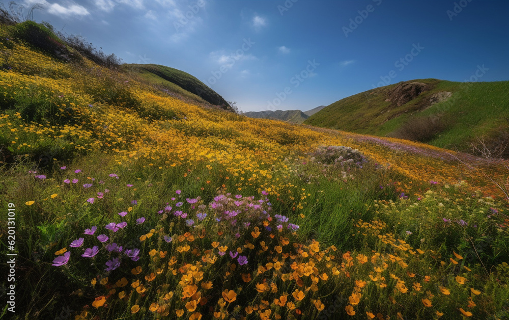 Beautiful Spring Flower Meadow in the Hills, created with generative AI technology
