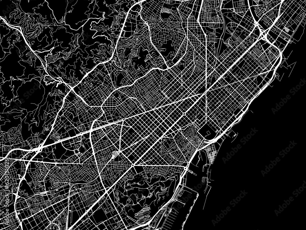 Vector road map of the city of Barcelona in Spain on a black background. Vector road map of the city of Barcelona in Spain on a black background.