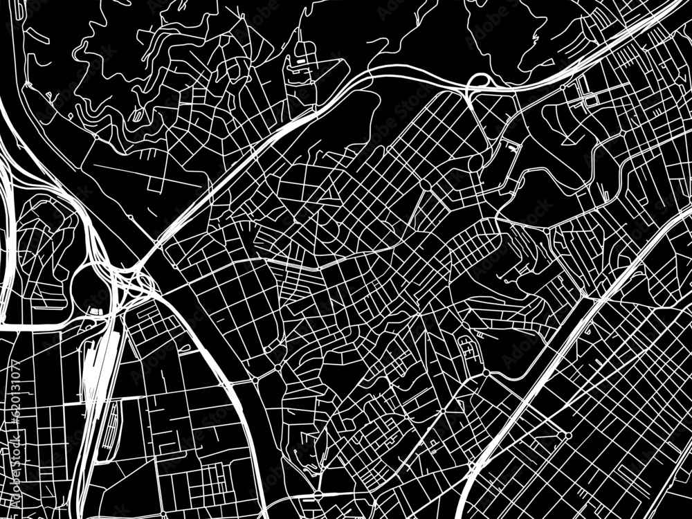 Vector road map of the city of  Santa Coloma de Gramenet in Spain on a black background.