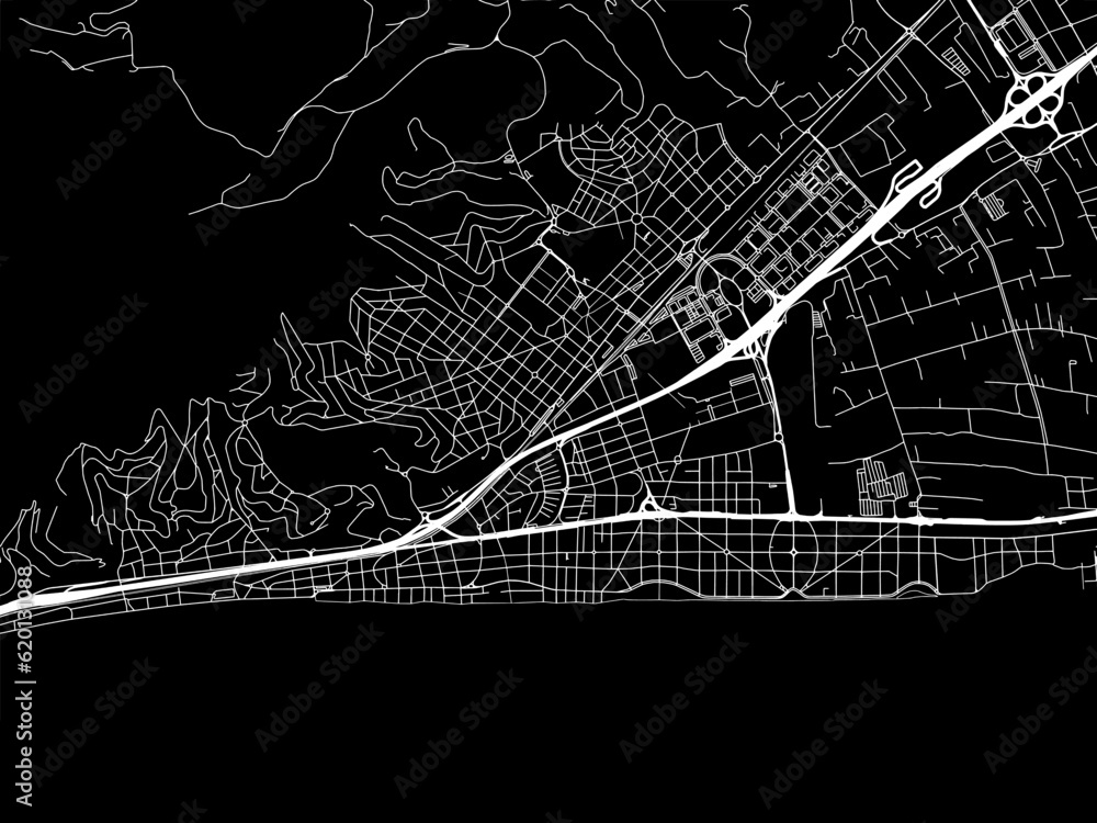 Vector road map of the city of  Castelldefels in Spain on a black background.