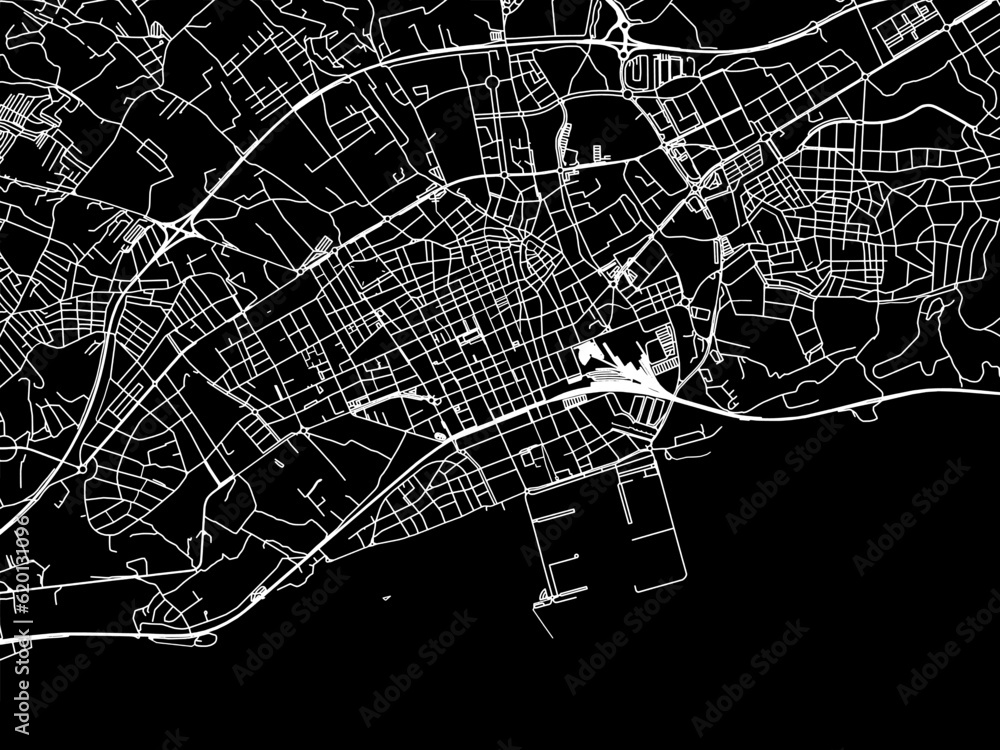 Vector road map of the city of  Vilanova i la Geltru in Spain on a black background.
