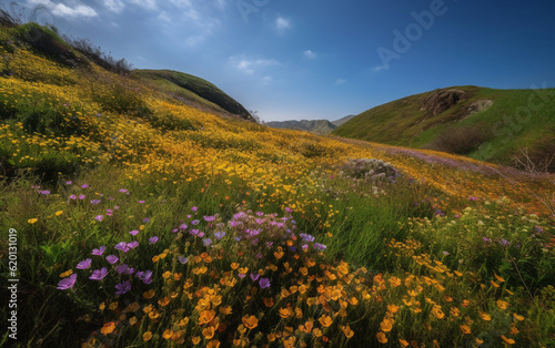 Beautiful Spring Flower Meadow in the Hills  created with generative AI technology