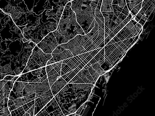 Vector road map of the city of  Barcelona in Spain on a black background.