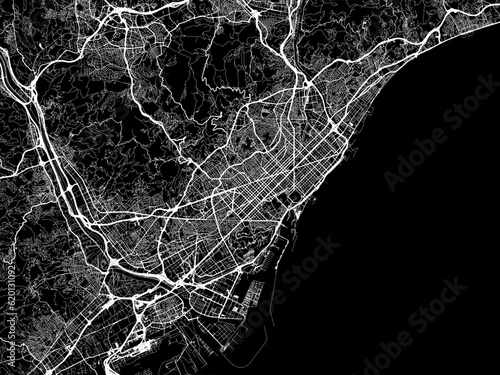 Vector road map of the city of  Barcelona Metropolis in Spain on a black background.