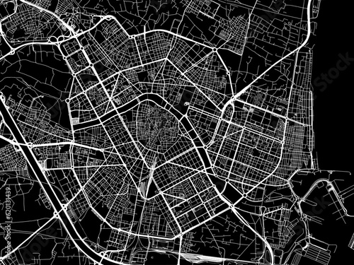 Vector road map of the city of  Valencia in Spain on a black background.