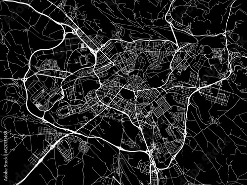 Vector road map of the city of  Pamplona in Spain on a black background.