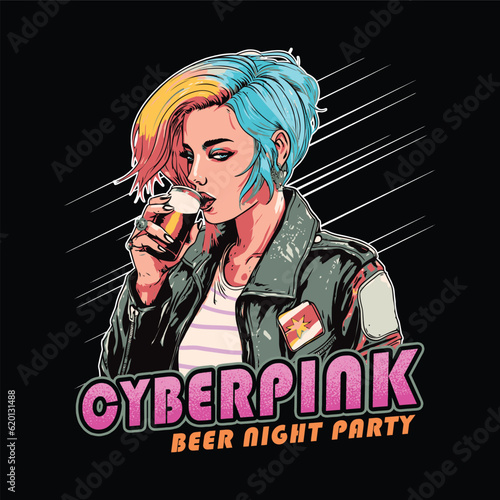 oktoberfest a rocker girl with colorful unicorn hair drinking beer at a party