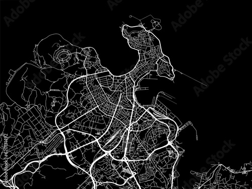 Vector road map of the city of  A Coruna in Spain on a black background.