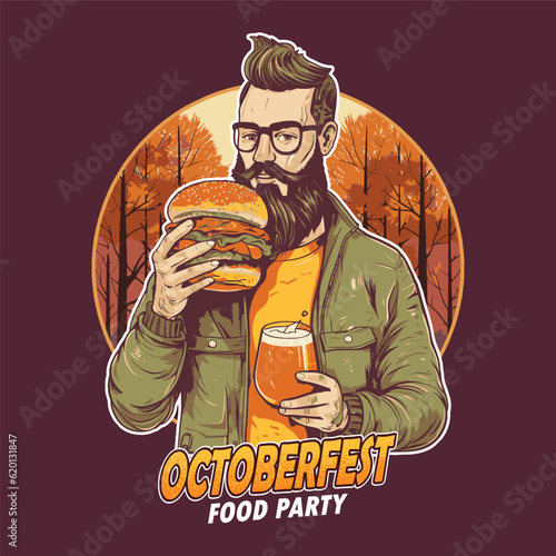 oktoberfest a bearded man carrying beer and hamburgers
