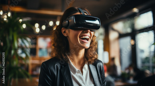 Smiling woman wearing Virtual Reality glasses, blurred office background.
