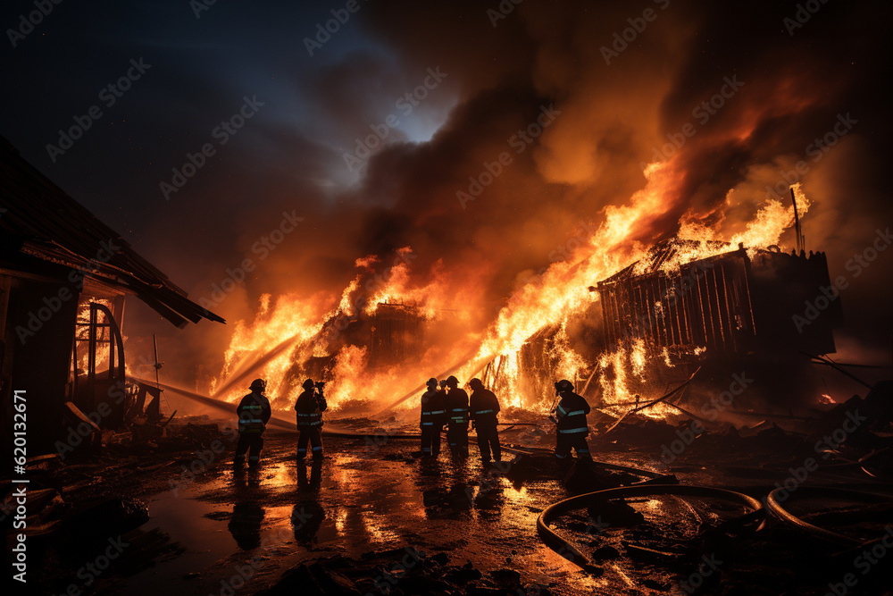 Firefighters extinguishing a blazing building, Rescue Service 911 Generative AI