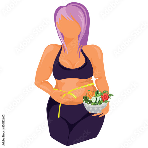 Fat woman measuring herself with a tape and holding a bowl of salad and healthy foods in her hand.Positive Overweight woman in sportswear measuring her weight.Anti Obesity Day poster,banner.Vector 