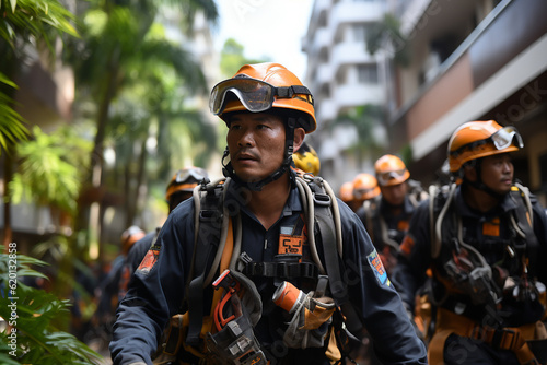 Emergency response team conducting a high-rise building evacuation, Rescue Service 911 Generative AI