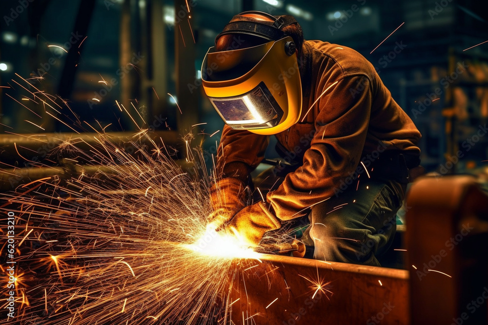 A construction worker holding a welding torch, creating sparks as they join pieces of metal together, Labor Day A construction worker holding a welding torch, creating sparks as they join pieces of metal together, Labor Day