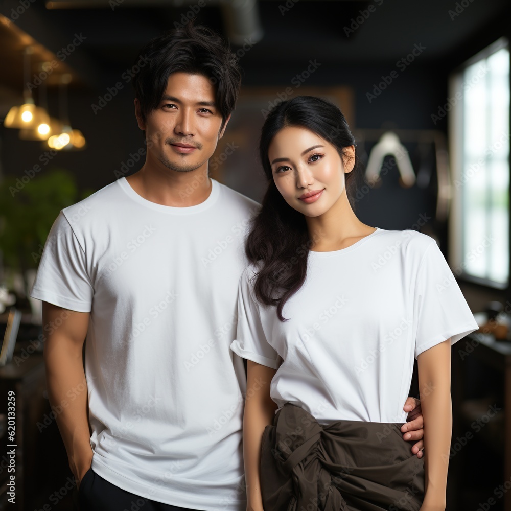 Illustration of a couple fashion portrait with plain t-shirt mockup, AI Generated Illustration of a couple fashion portrait with plain t-shirt mockup, AI Generated