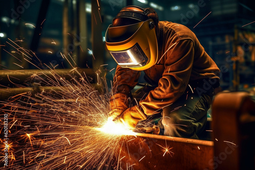 A construction worker holding a welding torch, creating sparks as they join pieces of metal together, Labor Day