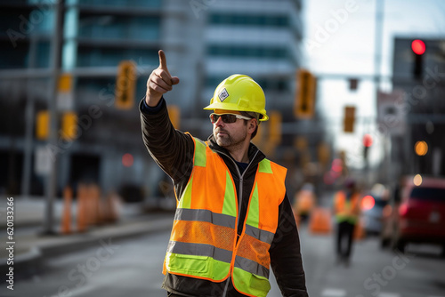 A construction worker in a high-visibility vest, directing traffic with hand signals near a construction zone, Labor Day photo