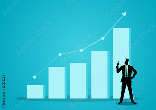 Business concept illustration of a businessman pointing up with increasing graph chart on the background, business vision, optimism concept