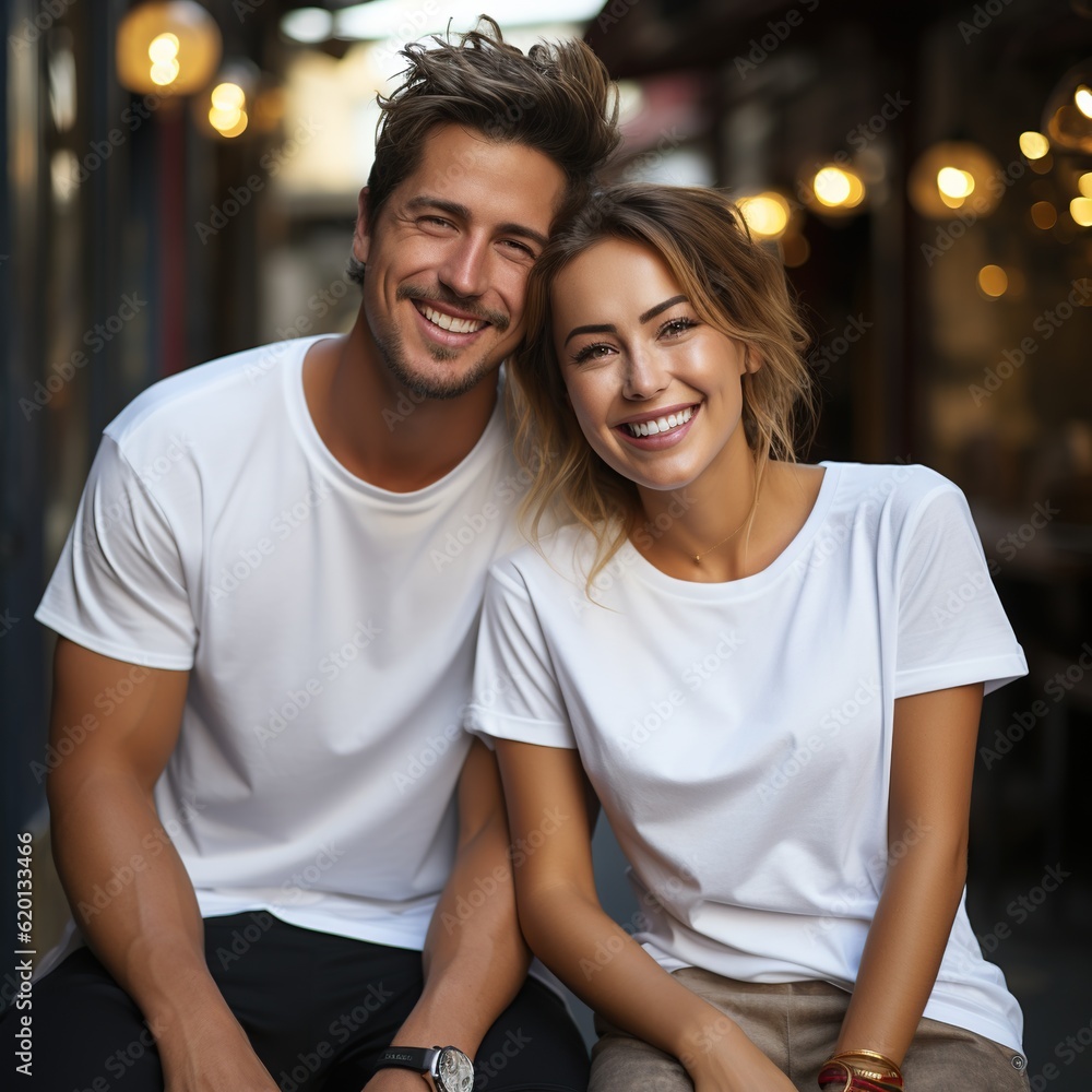 Illustration of a couple fashion portrait with plain t-shirt mockup, AI Generated Illustration of a couple fashion portrait with plain t-shirt mockup, AI Generated