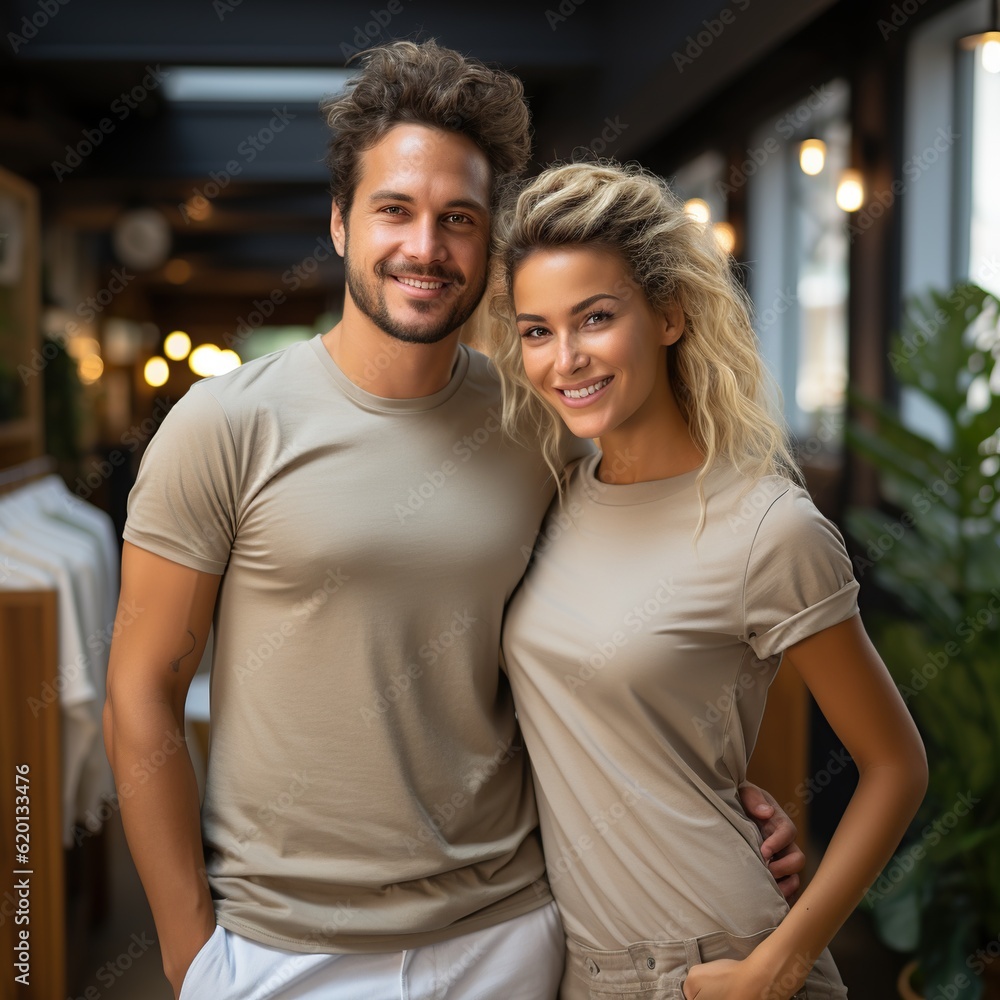 Fototapeta premium Illustration of a couple fashion portrait with plain t-shirt mockup, AI Generated