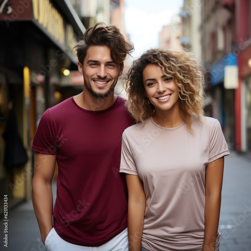 Illustration of a couple fashion portrait with plain t-shirt mockup, AI Generated