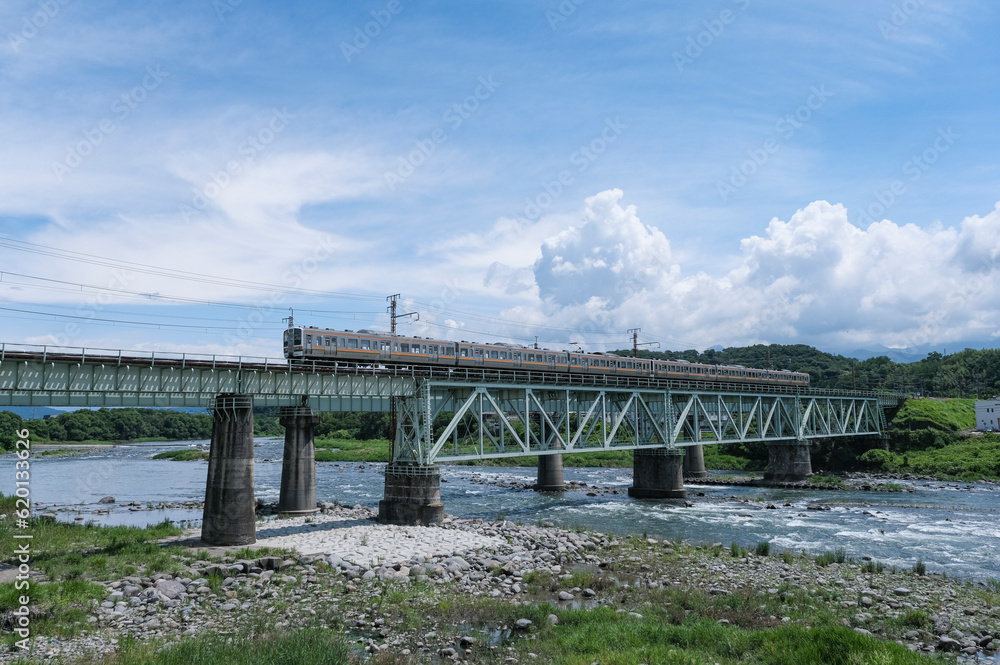 利根川を渡る上越線の電車