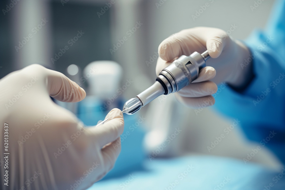 A close-up of a dentist doctor's gloved hand holding a dental drill, ready to perform a procedure Generative AI A close-up of a dentist doctor's gloved hand holding a dental drill, ready to perform a procedure Generative AI