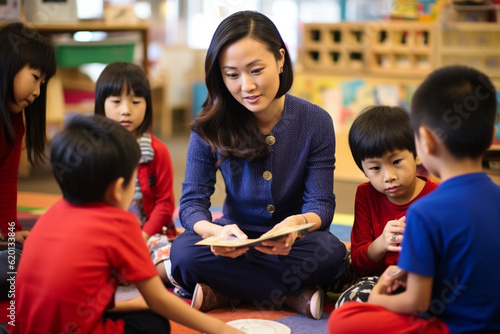 An Asian woman teacher sitting with a small group of students, providing individualized instruction and support Generative AI