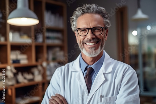 A portrait of a dentist doctor wearing a white coat and holding dental instruments, with a confident and friendly smile Generative AI