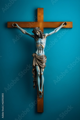 metal jesus on simple wooden christian crucifix cross isolated on plain blue studio background, made with generative ai