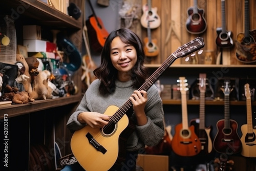 A portrait of an Asian woman teacher in a music room, holding a musical instrument and inspiring students with her love for music Generative AI