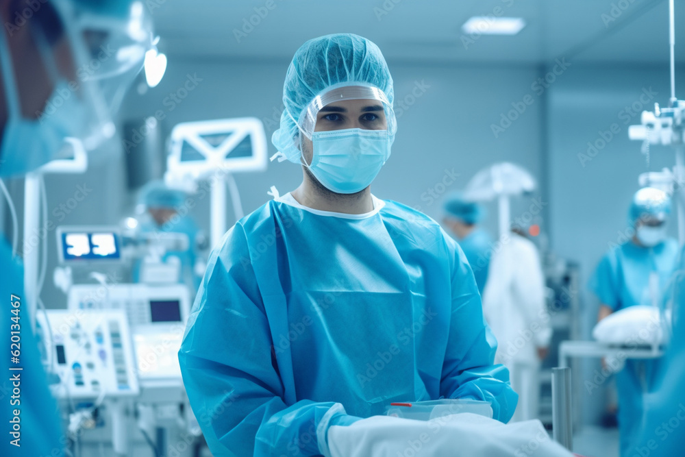 A doctor in a surgical mask, standing in an operating room, demonstrating their skill and expertise in surgical procedures Generative AI A doctor in a surgical mask, standing in an operating room, demonstrating their skill and expertise in surgical procedures Generative AI