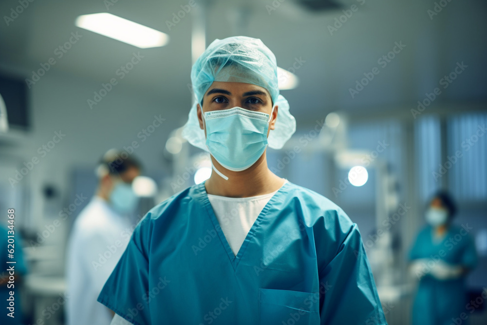 A doctor in a surgical mask, standing in an operating room, demonstrating their skill and expertise in surgical procedures Generative AI A doctor in a surgical mask, standing in an operating room, demonstrating their skill and expertise in surgical procedures Generative AI