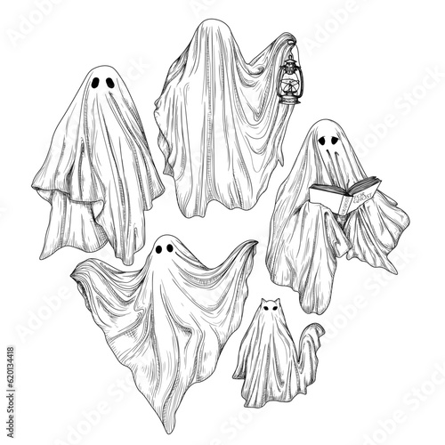 Vector set of 5 different ghosts in engraving style. Ghost with a book, ghost with a lamp, ghost cat