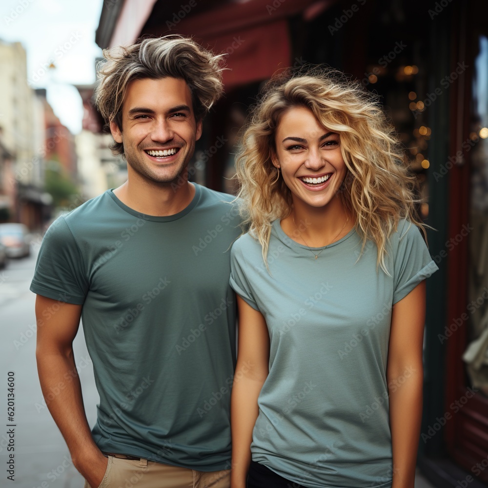 Illustration of a couple fashion portrait with plain t-shirt mockup, AI Generated Illustration of a couple fashion portrait with plain t-shirt mockup, AI Generated