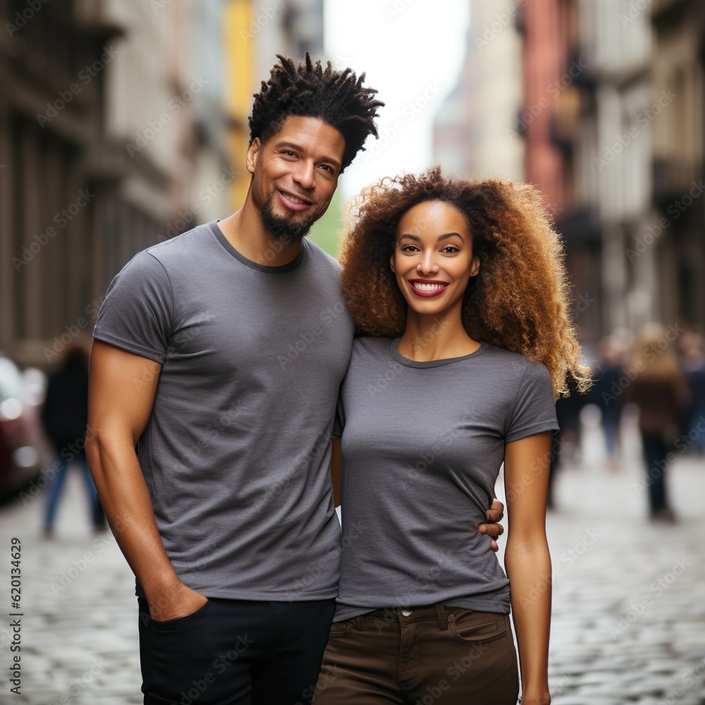 Fototapeta premium Illustration of a couple fashion portrait with plain t-shirt mockup, AI Generated