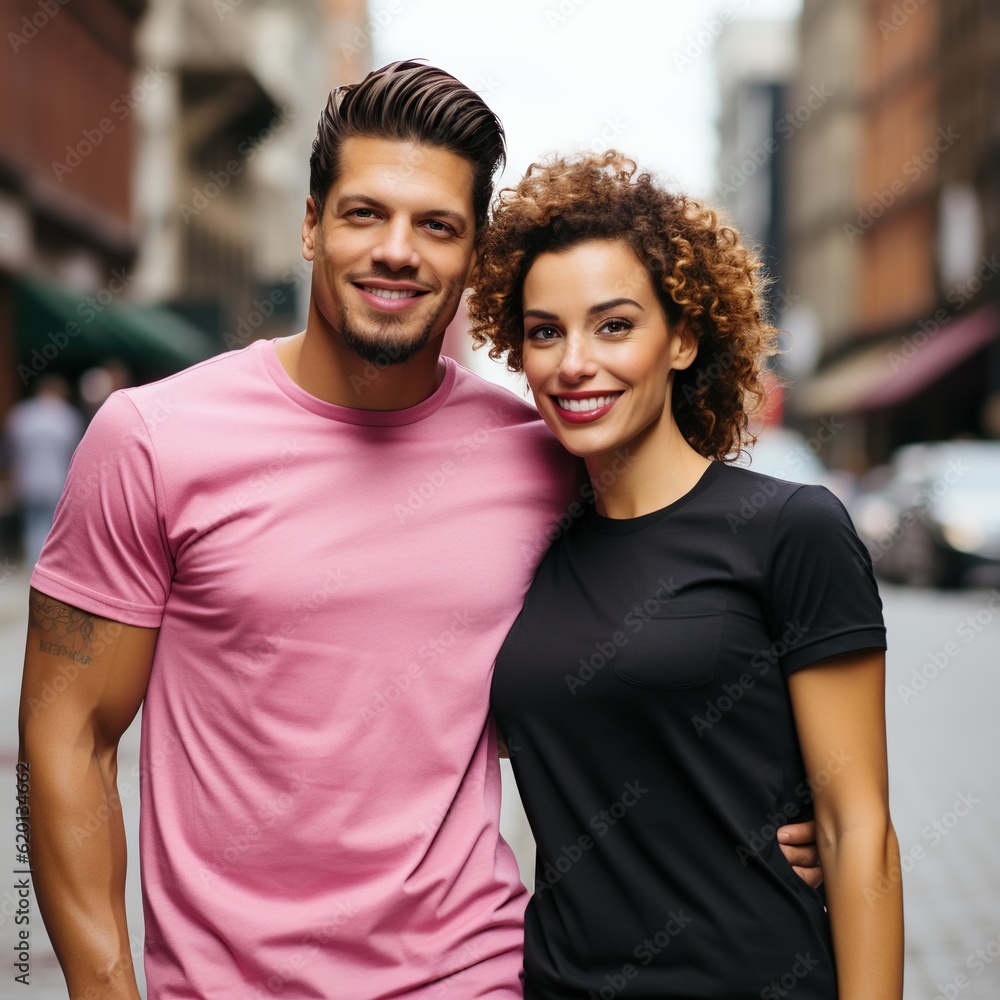 Obraz premium Illustration of a couple fashion portrait with plain t-shirt mockup, AI Generated