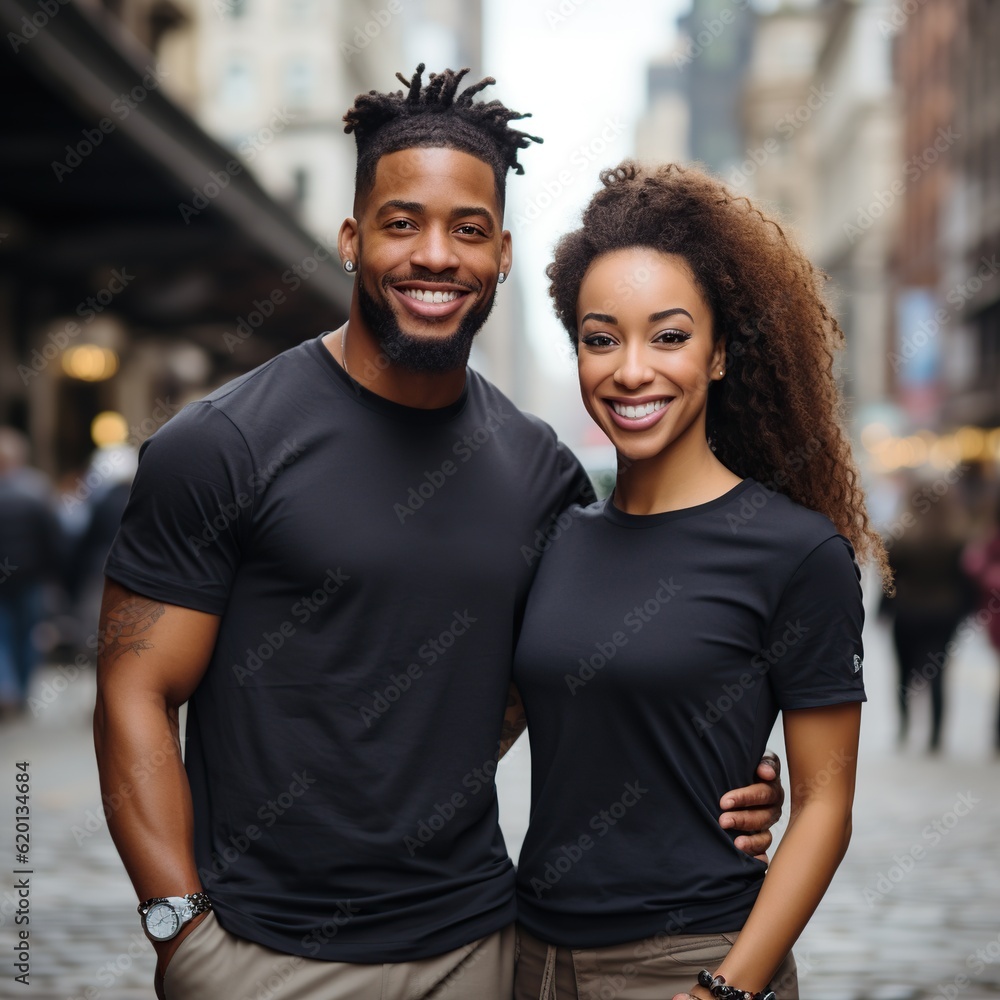 Fototapeta premium Illustration of a couple fashion portrait with plain t-shirt mockup, AI Generated