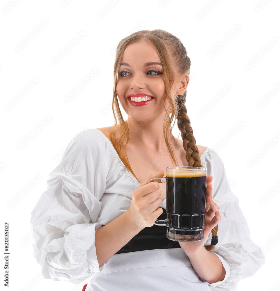 Beautiful Octoberfest waitress with beer on white background Beautiful Octoberfest waitress with beer on white background
