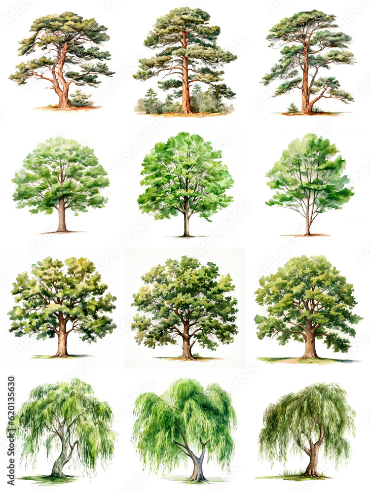 Fototapeta premium Set of trees (oak, beech, pine, willow), watercolor illustration on white background