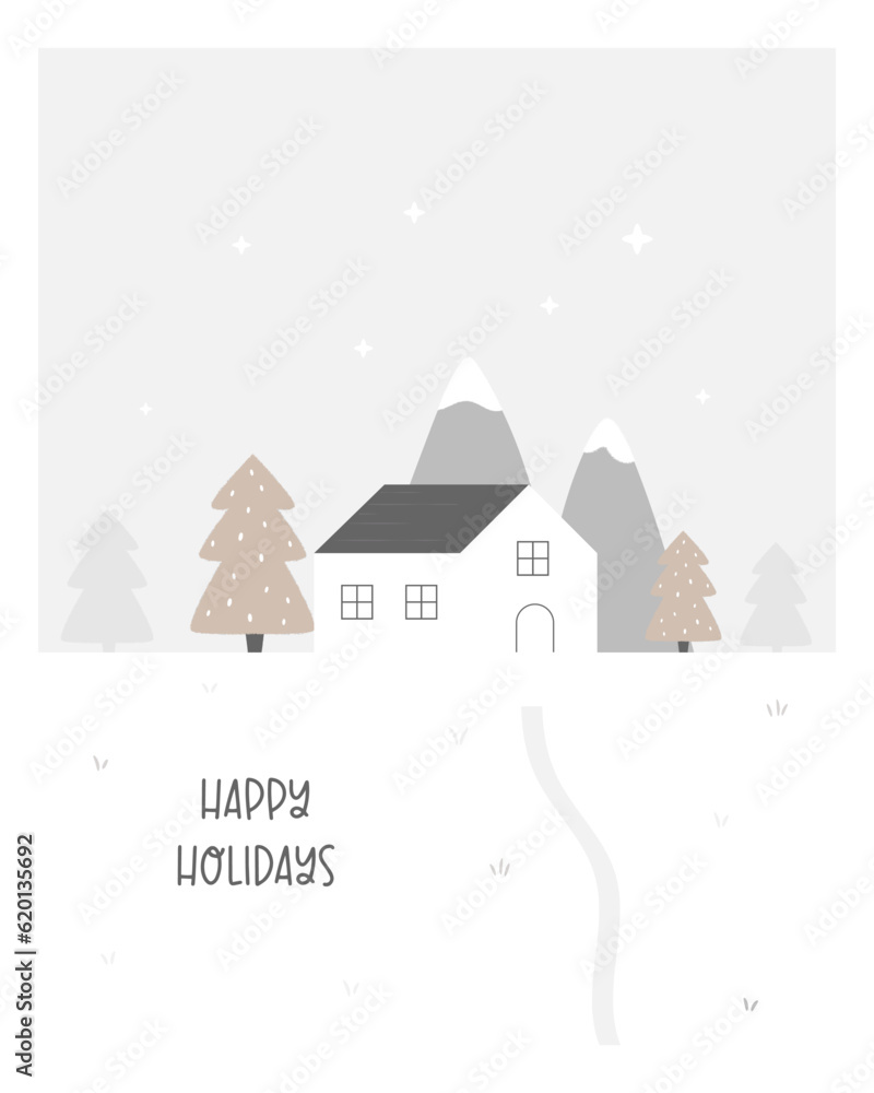 Vector holiday illustration, winter scene with lonely standing house in the mountains