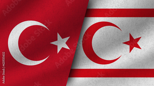 North Cyprus and Turkey Realistic Two Flags Together, 3D Illustration