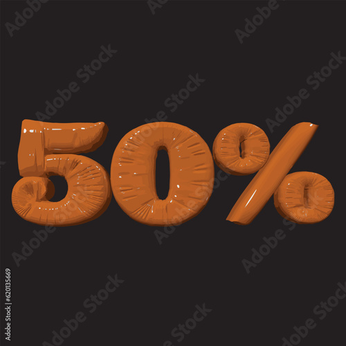 Inflated plastic square illustration of volumetric glossy deformed 3D render of orange number 50 percent on black background. Balloon metallic number. Beautiful volumetric number for advertising