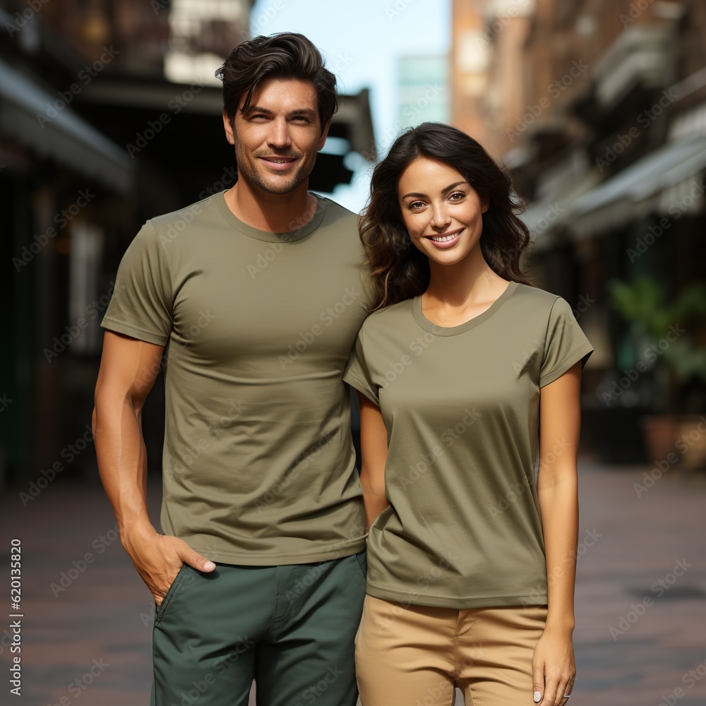 Illustration of a couple fashion portrait with plain t-shirt mockup, AI Generated Illustration of a couple fashion portrait with plain t-shirt mockup, AI Generated