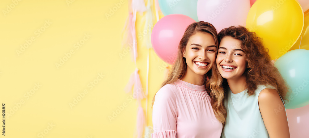 Two young beautiful girls hugging, laughing and smiling against a flat pastel yellow background. Happy women girlfriends, portrait, copy space for text. Generative AI photo. Two young beautiful girls hugging, laughing and smiling against a flat pastel yellow background. Happy women girlfriends, portrait, copy space for text. Generative AI photo.