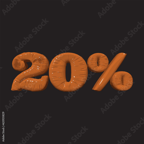 Inflated plastic square illustration of volumetric glossy deformed 3D render of orange number 20 percent on black background. Balloon metallic number. Beautiful volumetric number for advertising