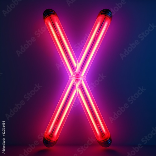 glowing red neon tube X cross isolated on plain blue dark studio background, made with generative ai photo
