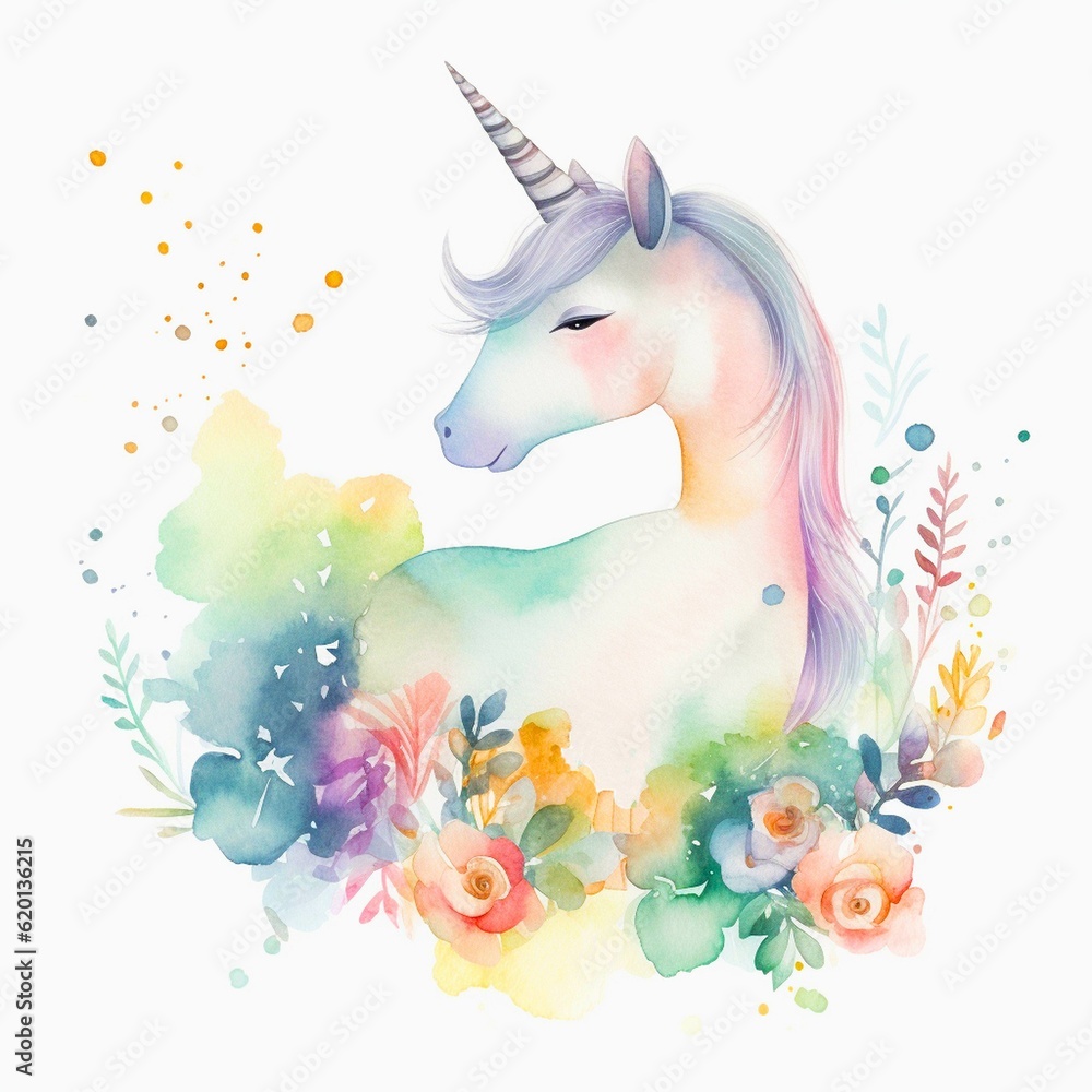Watercolor illustration of a beautiful unicorn in flowers in linen shades for a package or textile or postcard or clothing print